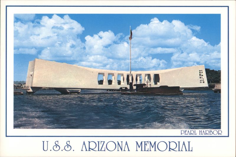U.S.S. Arizona Memorial spanning sunken battleship hull Honolulu Hawaii