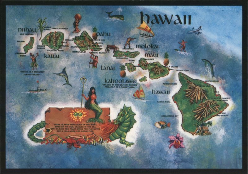 Cartograph of Hawaii Islands, Mermaid & Sea Monster Art