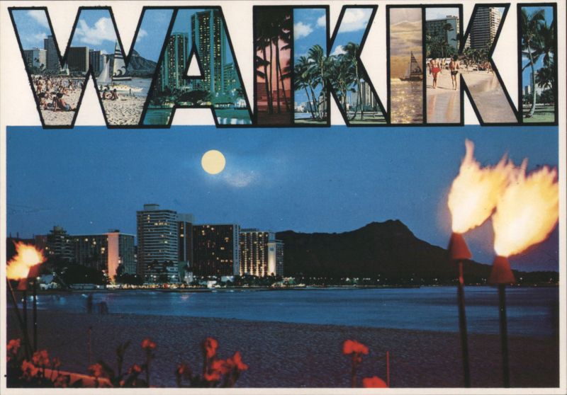 WAIKIKI Lettering & Moonlight View of Diamond Head, HI Hawaii