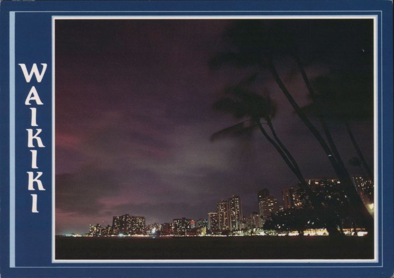 Waikiki Night Skyline, Palm Trees, Sunset Glow Hawaii