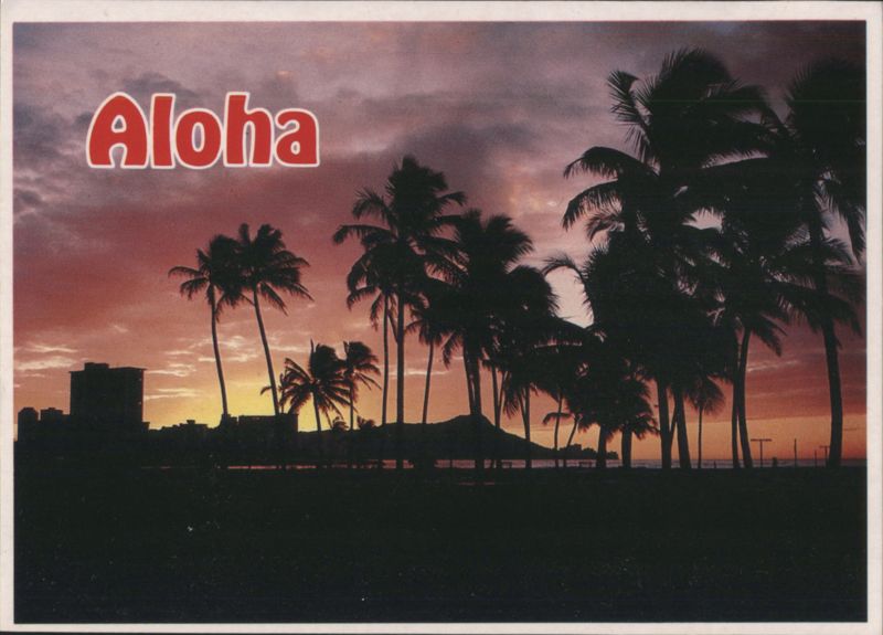 Aloha Sunrise Silhouette, Palm Trees and Diamond Head Honolulu Hawaii