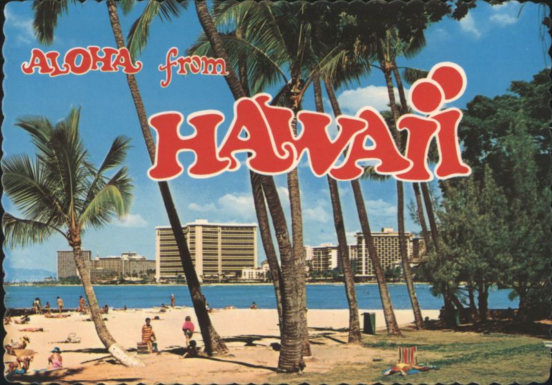 ALOHA from HAWAII, Waikiki Beach with Palm Trees and Hotels Honolulu