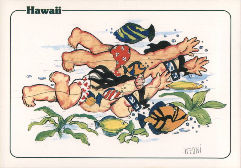 Hawaii's Keikis Snorkeling Underwater Cartoon Illustration