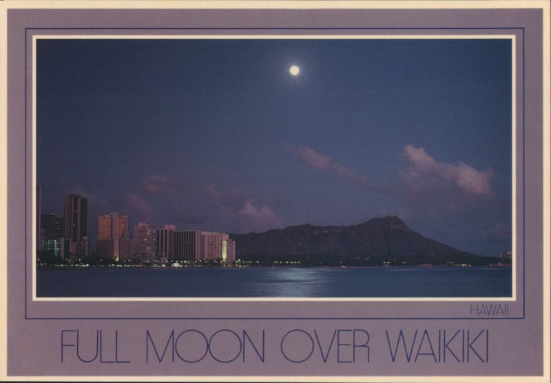Full Moon Over Waikiki Skyline and Diamond Head, HI Honolulu Hawaii