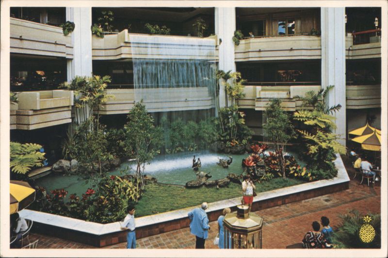 Colorful Great Hall, Hyatt Regency Hemmeter Center Waterfall Honolulu Hawaii