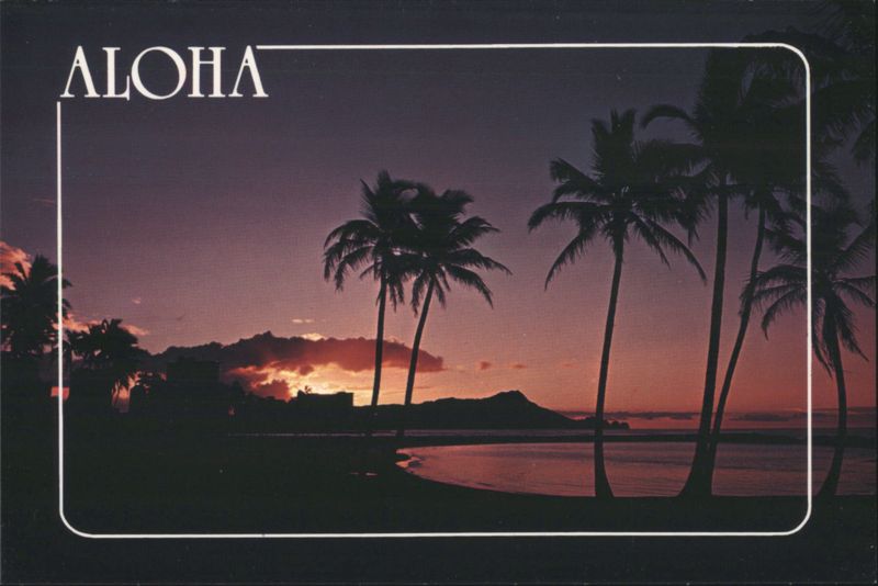 ALOHA Diamond Head Sunrise Silhouette with Palm Trees Honolulu Hawaii