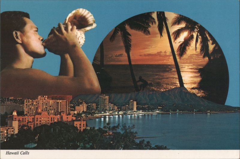 Hawaii Calls: Man Blowing Conch Shell, Honolulu Montage