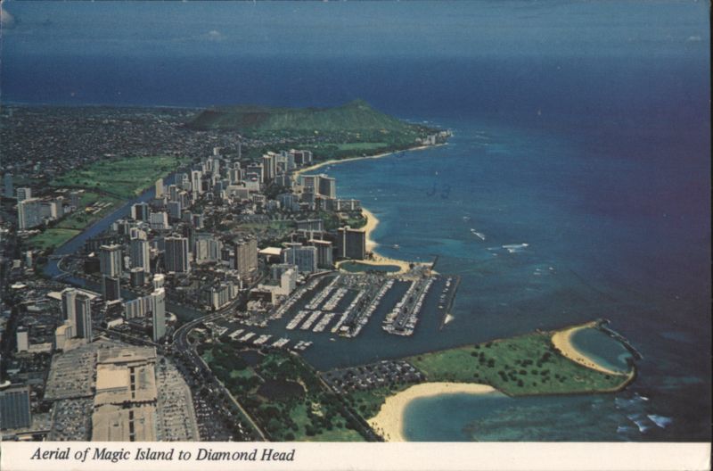 Aerial Magic Island, Yacht Harbor Waikiki, Diamond Head Honolulu Hawaii