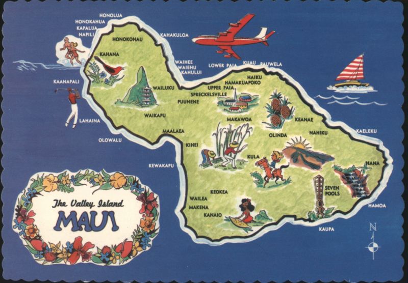Illustrated Map of Maui, The Valley Island, Hawaii