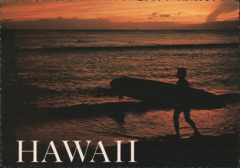 Surfer Silhouette, Golden Hawaiian Sunset, Pacific Surf