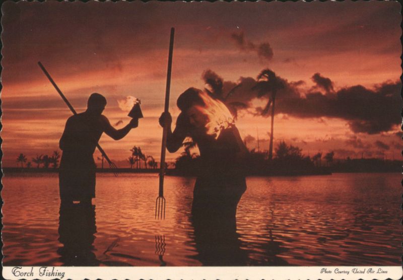 Torch Fishing at Sunset, Native Fishermen Silhouette Honolulu Hawaii