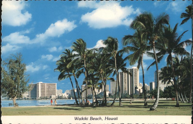 Kuhio Beach Park, Waikiki Skyline & Palm Trees Honolulu Hawaii