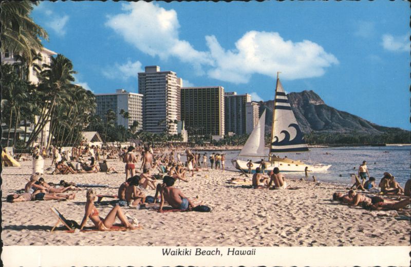 Waikiki Beach, HI, Diamond Head, Sailboat, Sunbathers Hawaii