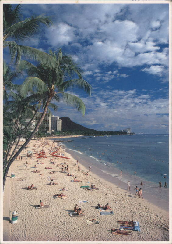Waikiki Beach with Diamond Head, Palm Trees, and Crowds Honolulu Hawaii