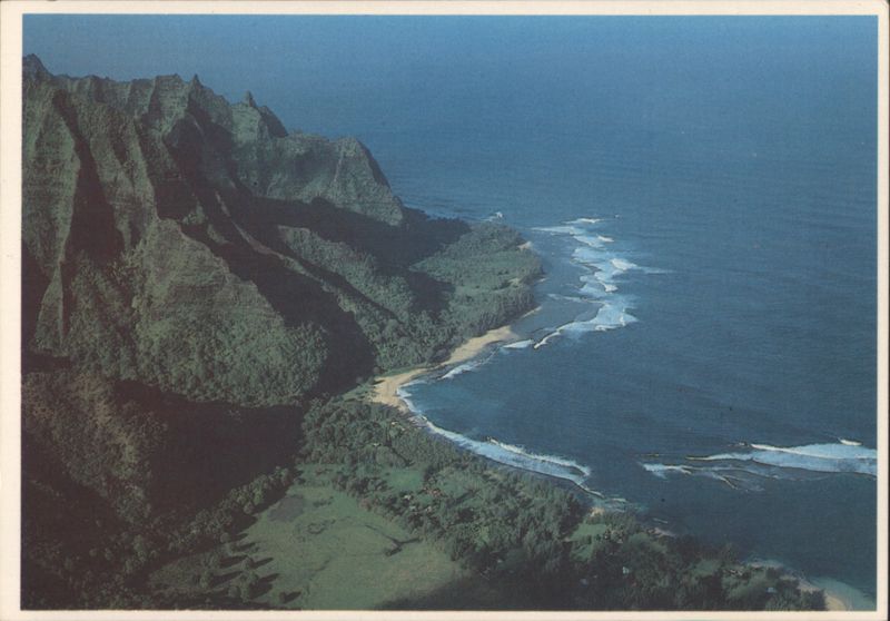 Aerial view of Haena Bay and Na Pali cliffs, Kauai HI Hawaii