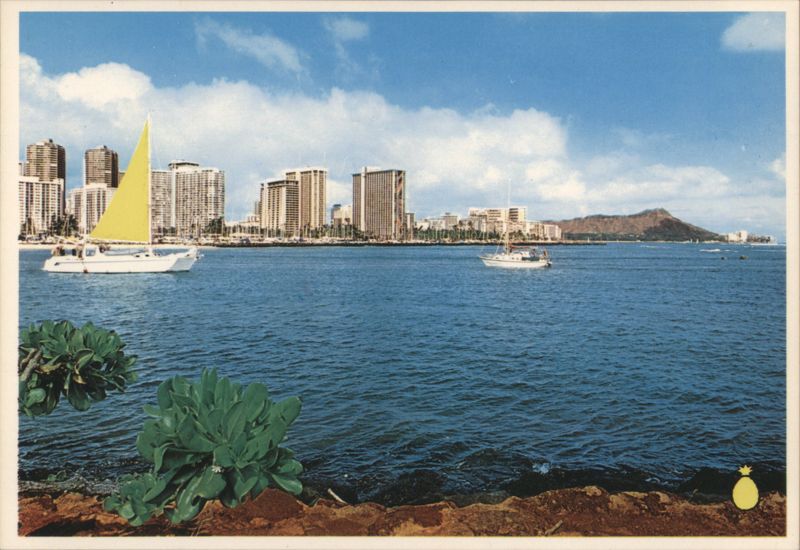Waikiki Beach Diamond Head & Modern Hotels with Sailboats Hawaii