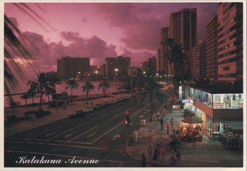 Kalakaua Avenue Sunset View with Skyline and Palm Trees Honolulu Hawaii