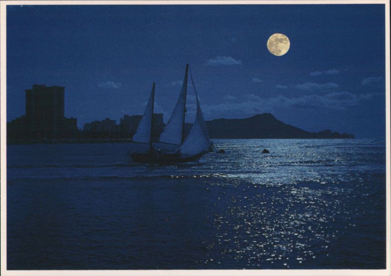 Blue Moods of Diamond Head, Hawaii - Sailboat at Night Honolulu