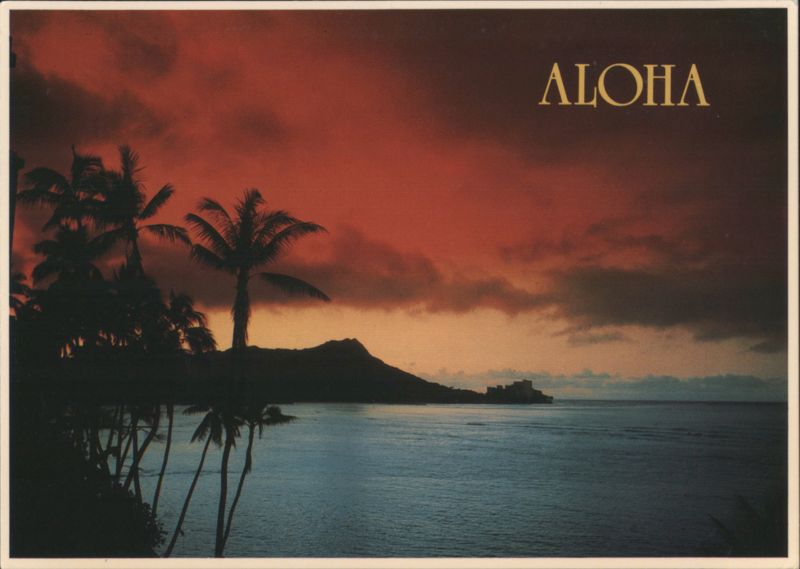 ALOHA Diamond Head Silhouette, Sunset Palms, Waikiki Honolulu Hawaii