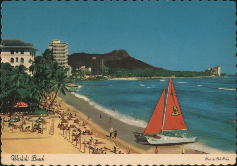 Hawaiian Catamaran on Waikiki Beach with Diamond Head Honolulu