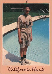 California Hunk - Man in Glasses and Shorts by Pool Postcard