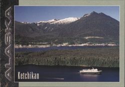 Ketchikan, AK - Ferry Columbia and Snow-Capped Mountains Postcard