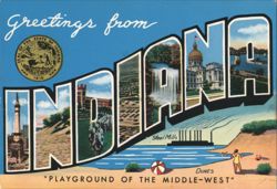 Greetings from Indiana, State Seal, Capitol, Dunes, Steel Mills Postcard