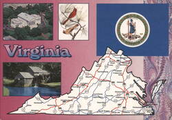 Virginia State Map, Flag, Cardinal, State Facts Summary Postcard