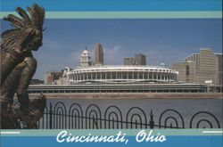 Bronze Statue Overlooking Cincinnati Skyline and Stadium Postcard