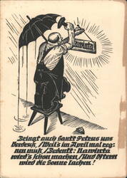 Man hammering "Nawinta" sign, April Rain, Easter Advertising Card Postcard