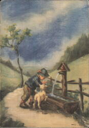 Boy & Goat Drinking at Alpine Fountain, Easter Illustration Postcard