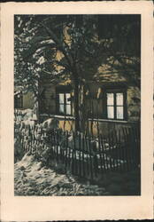 WWII Snowy Wooden House, Picket Fence, Winter Scene Postcard