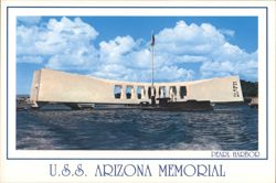 U.S.S. Arizona Memorial spanning sunken battleship hull Postcard