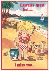 Hawaii's great but I miss you - Crying girl illustration Postcard