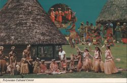 Polynesian Cultural Center Dancers and Thatched Huts Postcard