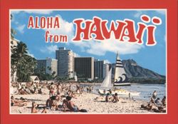 ALOHA from HAWAII, Waikiki Beach, Diamond Head, Sailboat Postcard