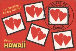 Red Hearts Stamps, I'm Sending All My Aloha From Hawaii Postcard