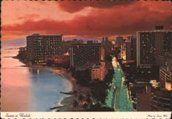 Sunset over Waikiki Beach, Kalakaua Ave. High-Rises Postcard