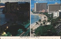 Night and Day at Waikiki Beach, Hotels and Kalakaua Avenue Postcard