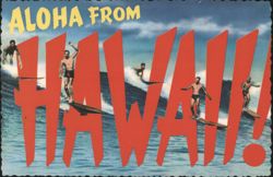 ALOHA FROM HAWAII!! Jumbo Letter Surfers on Waves Postcard