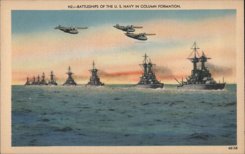U. S. Navy Battleships in Column Formation with Seaplanes