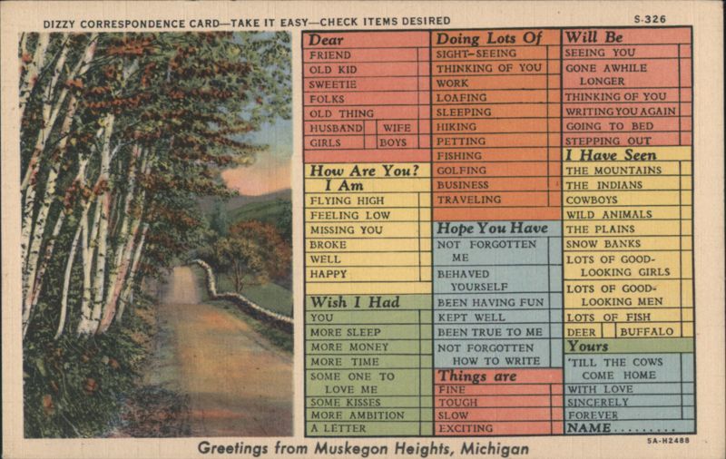 Dizzy Correspondence Card, Take It Easy, Scenic Road Muskegon Heights Michigan
