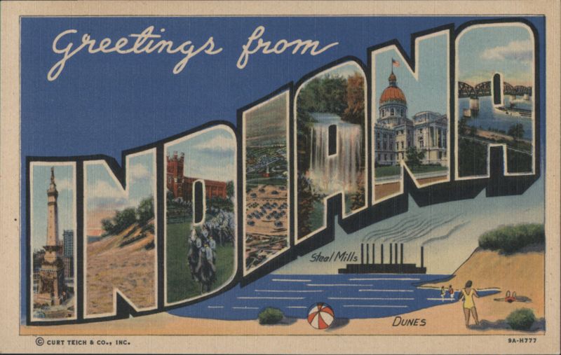 Greetings from Indiana, State Capitol, Dunes, Waterfall