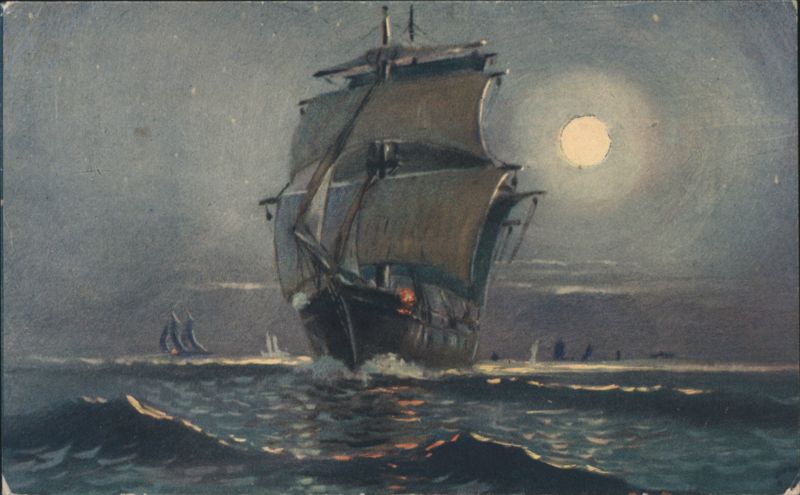 Sailing Ship at Night Under Full Moon Sailboats