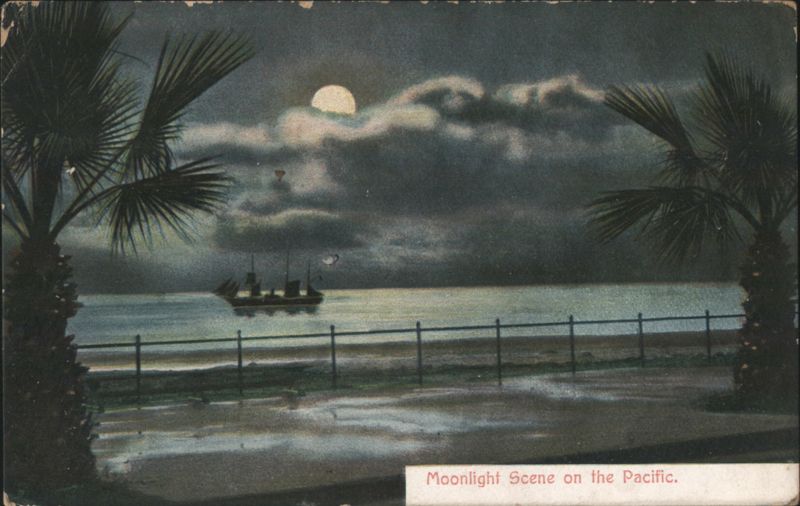 Moonlight Scene on the Pacific with Ship and Palm Trees California