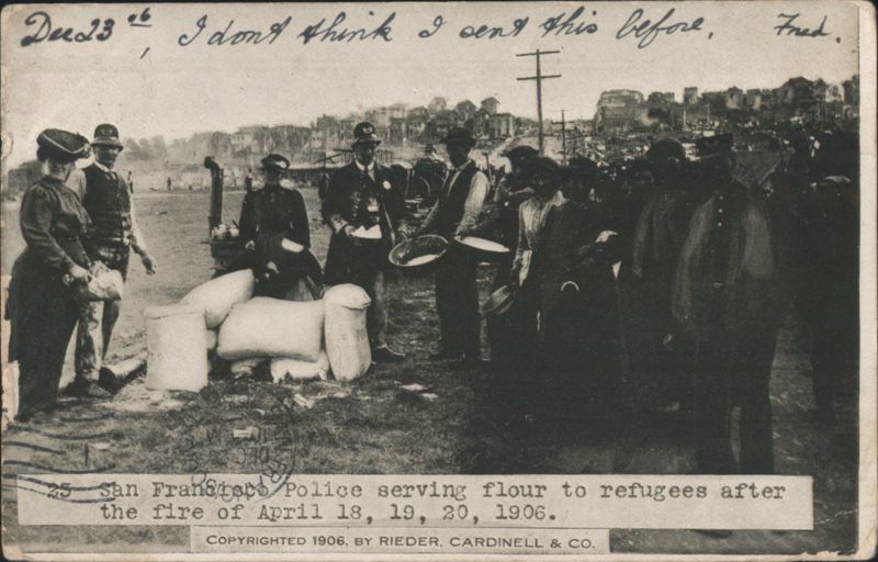 San Francisco Police serving flour to 1906 fire refugees California