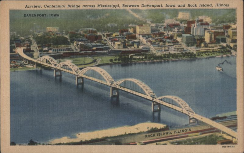 Airview, Centennial Bridge across Mississippi River Davenport Iowa
