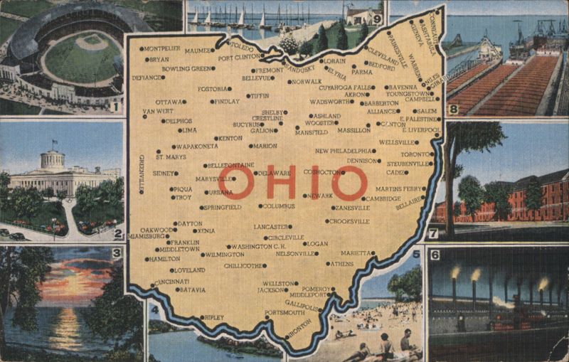 Ohio Map with 9 Scenic Views, Cities & Landmarks