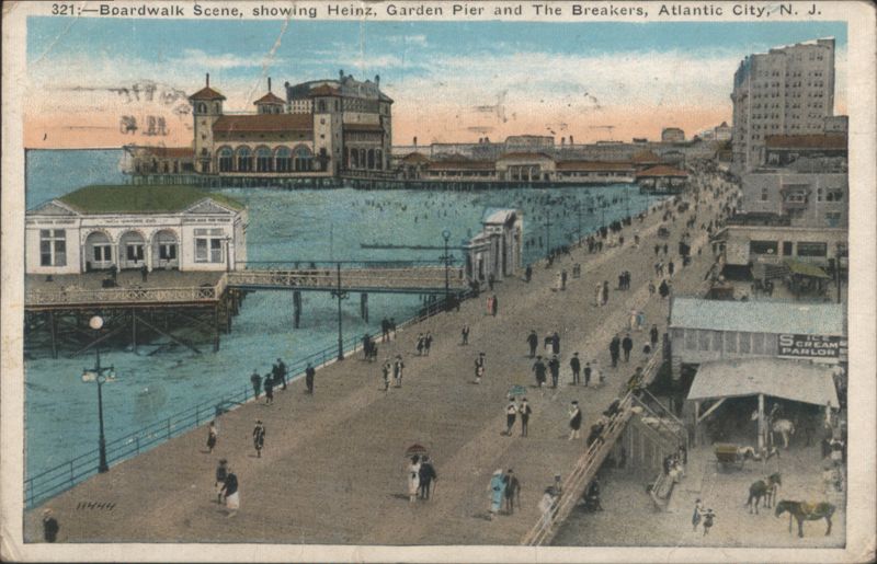Boardwalk Scene, showing Heinz, Garden Pier and The Breakers Atlantic City New Jersey