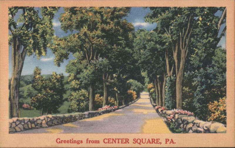 Tree-lined Road with Stone Wall and Flowers Center Square Pennsylvania